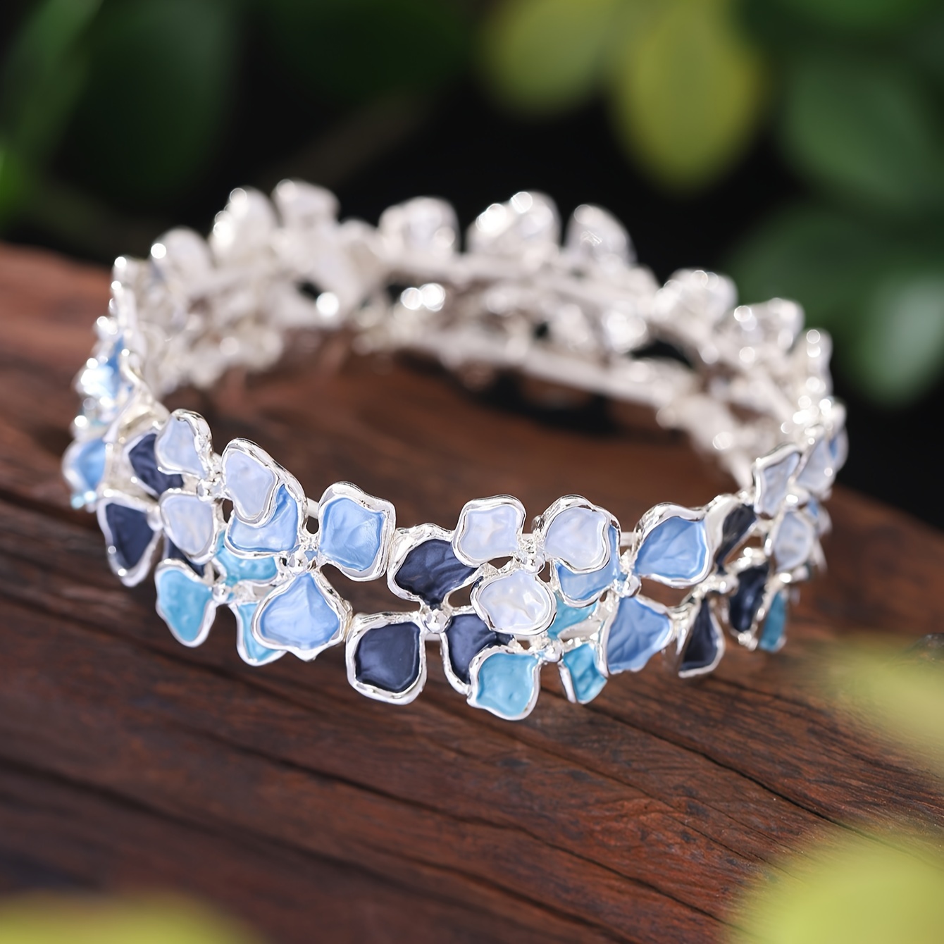 Elegant Hydrangea Enamel Flower Open Bangle, Adjustable